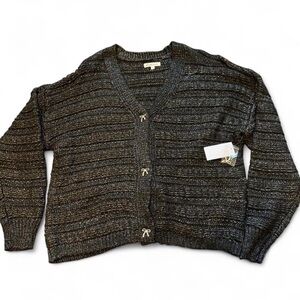 Metallic Black V-Neck Rhinestone  Bow-Button Cardigan